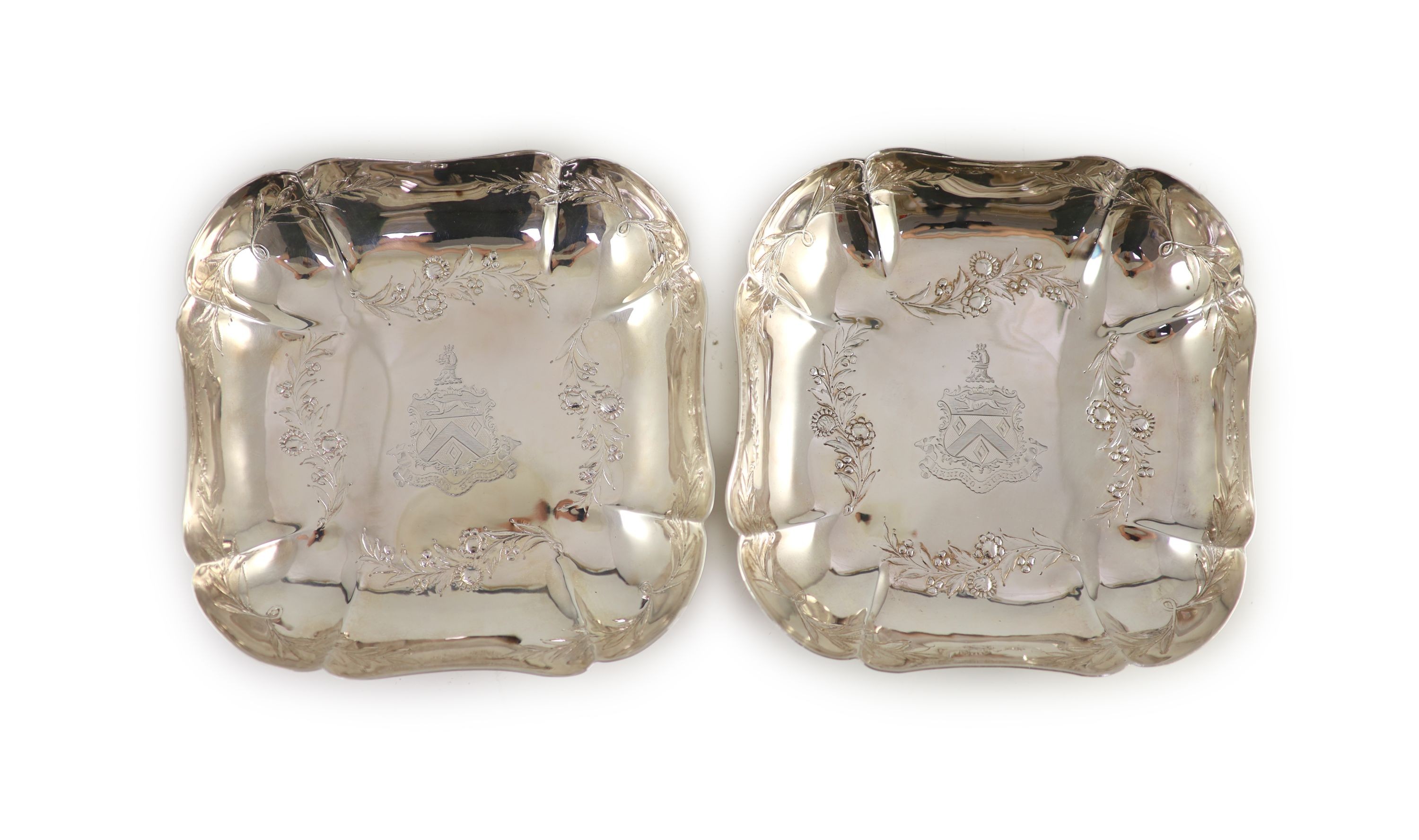 A pair of George III silver square shaped strawberry dishes, by John Mewburn